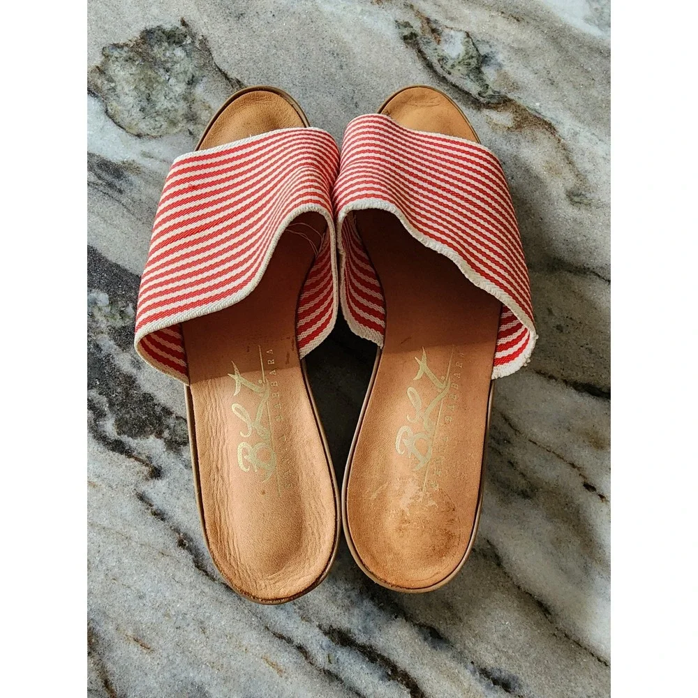 Vintage Y2K Red White Striped Cork Wedge Slide Sandals Womens